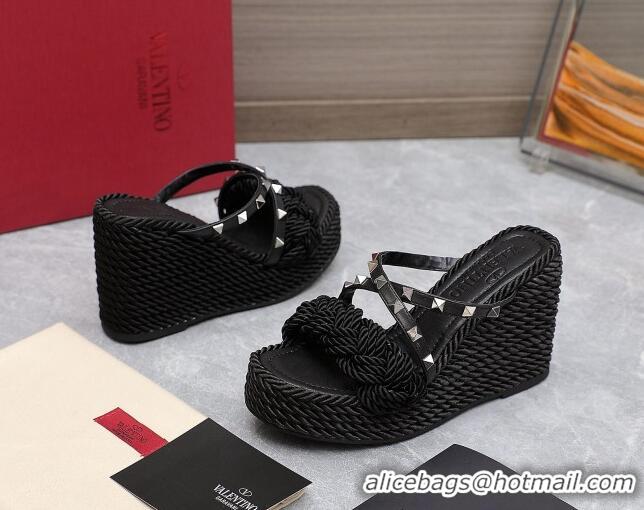 Low Cost Valentino Rockstud Wedge Slide Sandals 9.5cm with silk Cords Black/Silver 626011