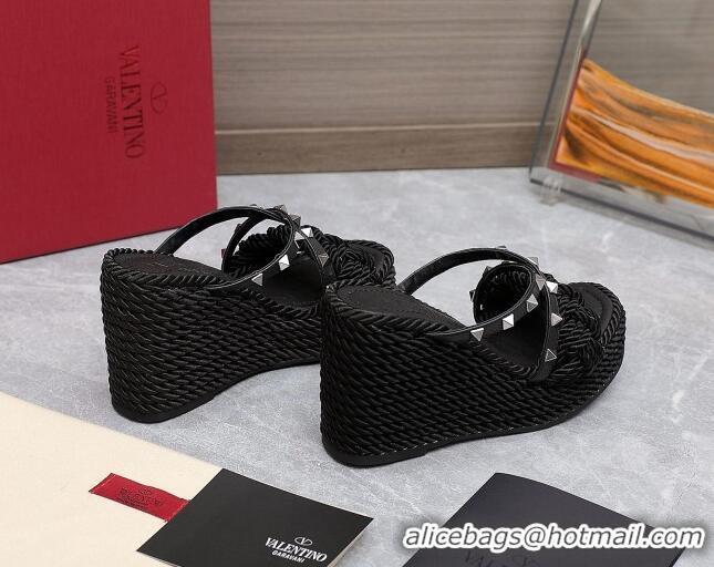 Low Cost Valentino Rockstud Wedge Slide Sandals 9.5cm with silk Cords Black/Silver 626011