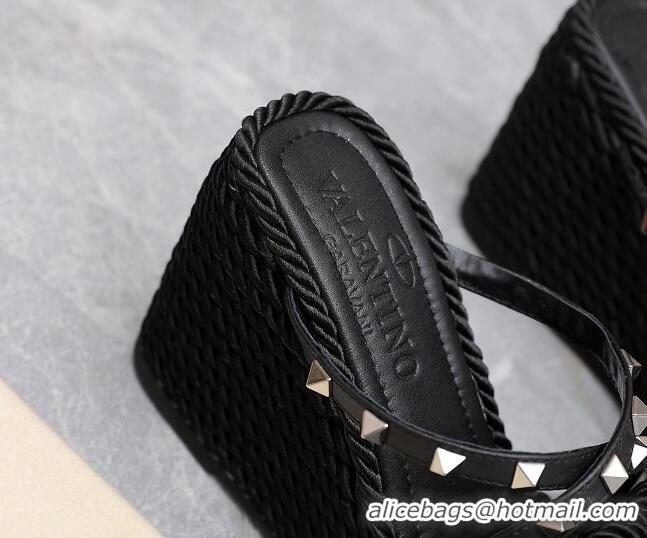 Low Cost Valentino Rockstud Wedge Slide Sandals 9.5cm with silk Cords Black/Silver 626011