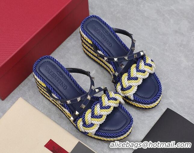 Top Grade Valentino Rockstud Wedge Slide Sandals 9.5cm with silk Cords Blue/White/Yellow 626010