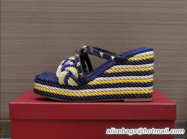 Top Grade Valentino Rockstud Wedge Slide Sandals 9.5cm with silk Cords Blue/White/Yellow 626010