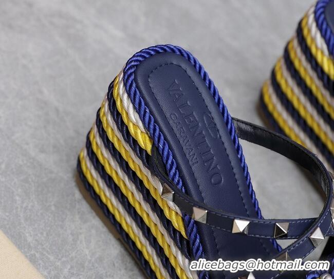 Top Grade Valentino Rockstud Wedge Slide Sandals 9.5cm with silk Cords Blue/White/Yellow 626010