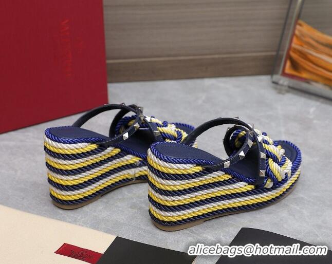 Top Grade Valentino Rockstud Wedge Slide Sandals 9.5cm with silk Cords Blue/White/Yellow 626010