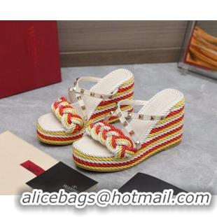 Unique Style Valentino Rockstud Wedge Slide Sandals 9.5cm with silk Cords White/Red/Yellow 626012