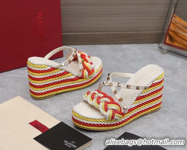 Unique Style Valentino Rockstud Wedge Slide Sandals 9.5cm with silk Cords White/Red/Yellow 626012