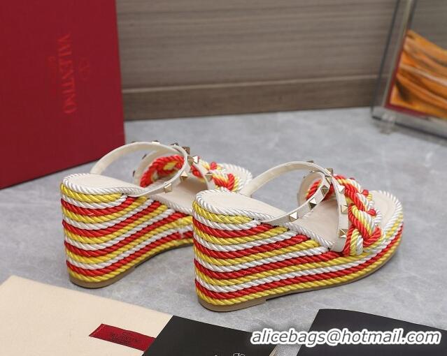 Unique Style Valentino Rockstud Wedge Slide Sandals 9.5cm with silk Cords White/Red/Yellow 626012