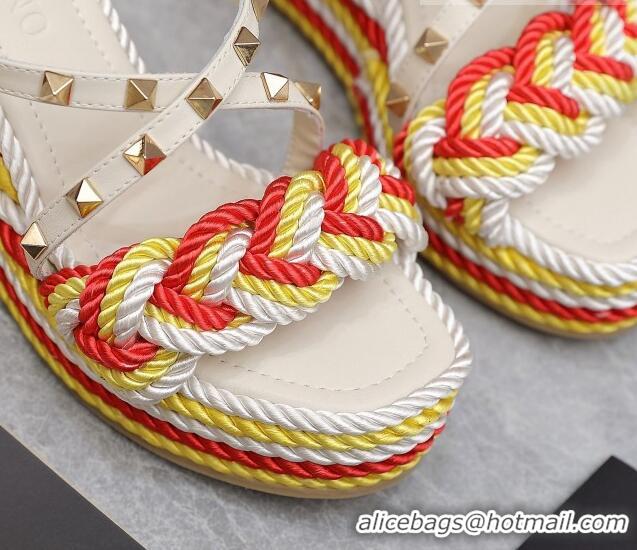 Unique Style Valentino Rockstud Wedge Slide Sandals 9.5cm with silk Cords White/Red/Yellow 626012