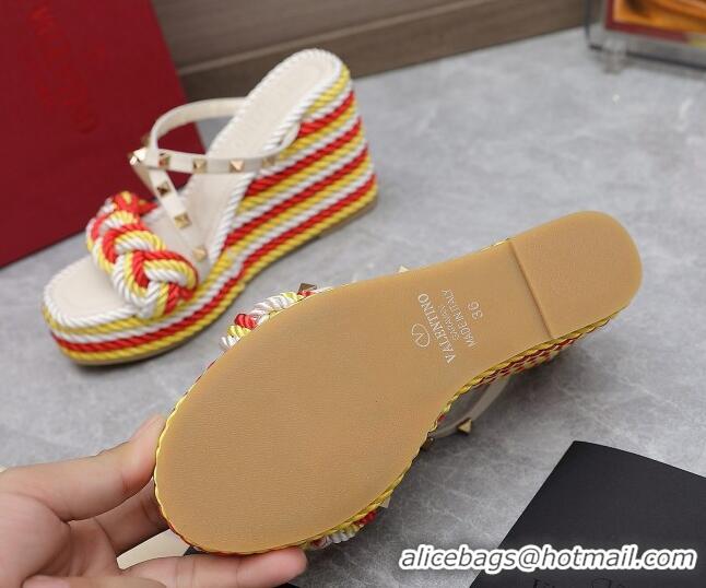 Unique Style Valentino Rockstud Wedge Slide Sandals 9.5cm with silk Cords White/Red/Yellow 626012