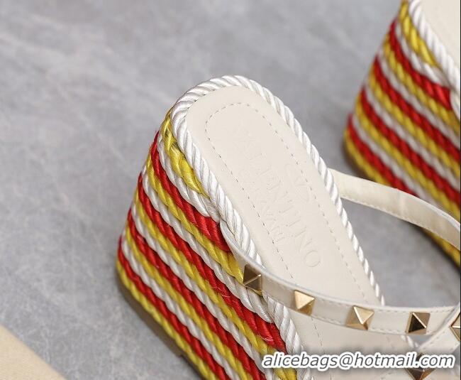 Unique Style Valentino Rockstud Wedge Slide Sandals 9.5cm with silk Cords White/Red/Yellow 626012