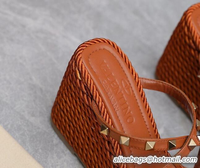 Good Looking Valentino Rockstud Wedge Slide Sandals 9.5cm with silk Cords Brown 626013