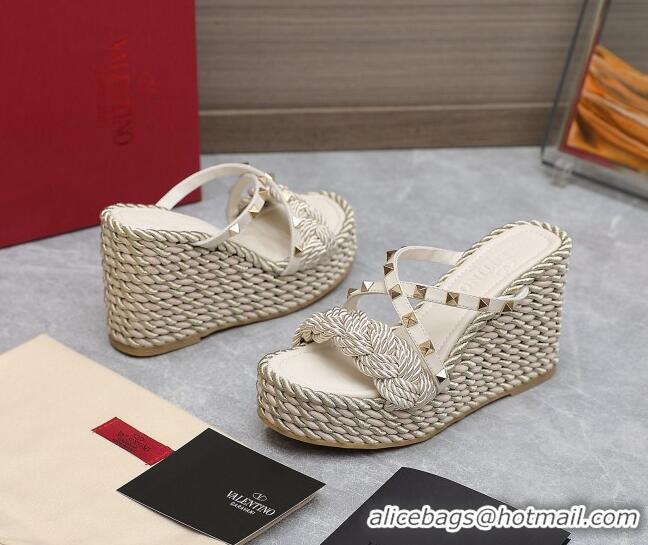 Discount Valentino Rockstud Wedge Slide Sandals 9.5cm with silk Cords White 626014