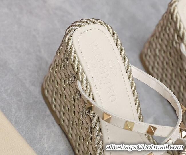 Discount Valentino Rockstud Wedge Slide Sandals 9.5cm with silk Cords White 626014