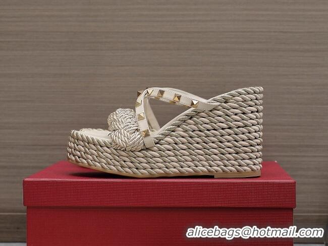 Discount Valentino Rockstud Wedge Slide Sandals 9.5cm with silk Cords White 626014