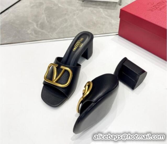 Popular Style Valentino VLogo Signature Heel Sandals 6cm in Grainy Leather Black 626017