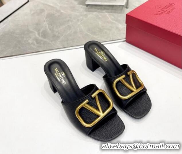 Popular Style Valentino VLogo Signature Heel Sandals 6cm in Grainy Leather Black 626017