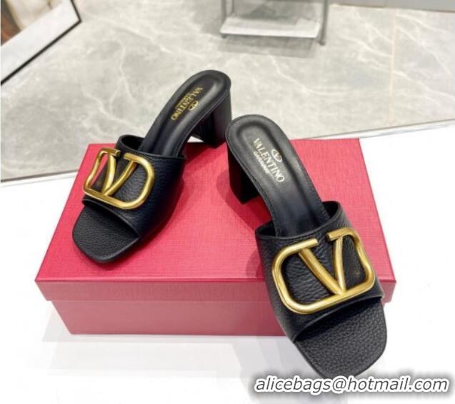 Popular Style Valentino VLogo Signature Heel Sandals 6cm in Grainy Leather Black 626017