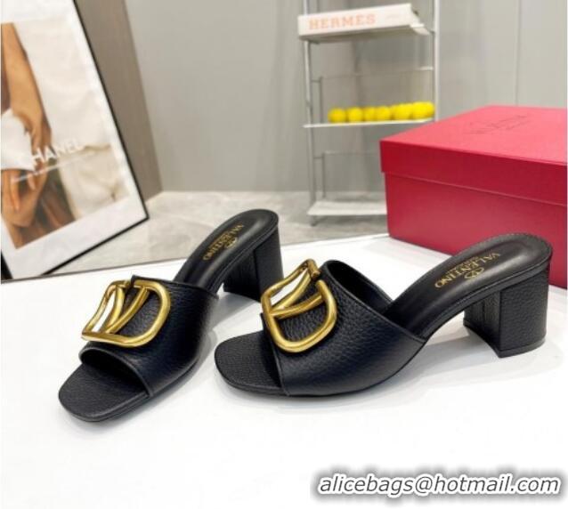 Popular Style Valentino VLogo Signature Heel Sandals 6cm in Grainy Leather Black 626017