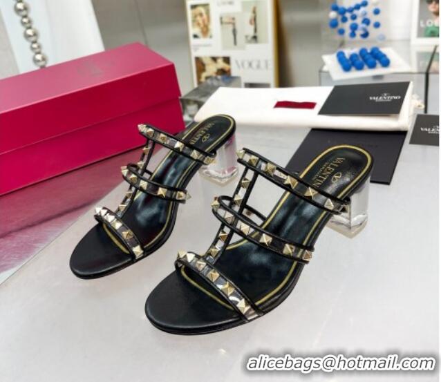 Classic Hot Valentino Rockstud Heel Slide Sandals 6cm in Leather and Clear Black 626022