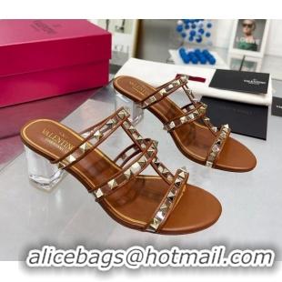 Most Popular Valentino Rockstud Heel Slide Sandals 6cm in Leather and Clear Brown 626023