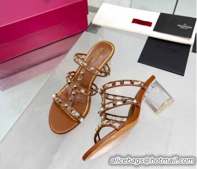 Most Popular Valentino Rockstud Heel Slide Sandals 6cm in Leather and Clear Brown 626023