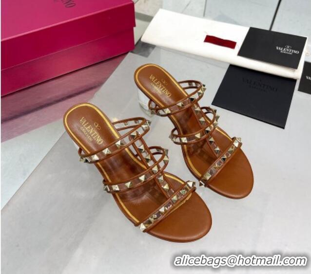 Most Popular Valentino Rockstud Heel Slide Sandals 6cm in Leather and Clear Brown 626023