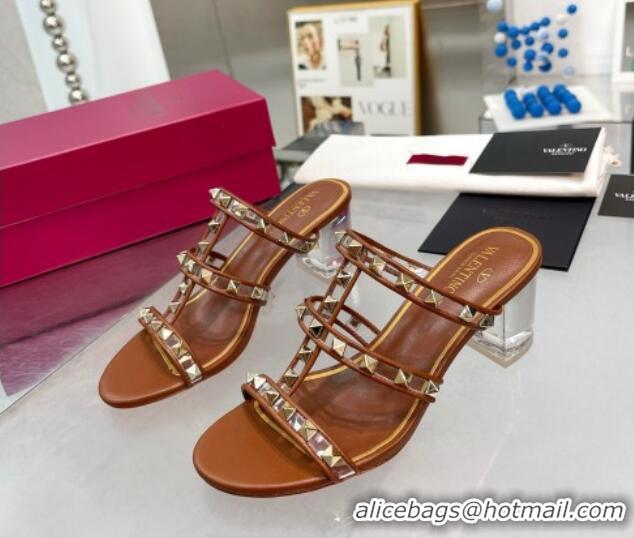 Most Popular Valentino Rockstud Heel Slide Sandals 6cm in Leather and Clear Brown 626023