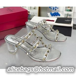 Grade Quality Valentino Rockstud Heel Slide Sandals 6cm in Leather and Clear Silver 0626024