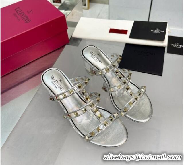 Grade Quality Valentino Rockstud Heel Slide Sandals 6cm in Leather and Clear Silver 0626024