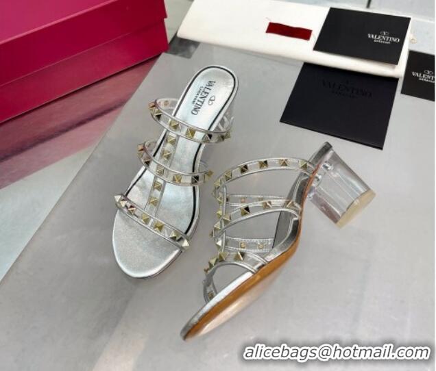 Grade Quality Valentino Rockstud Heel Slide Sandals 6cm in Leather and Clear Silver 0626024