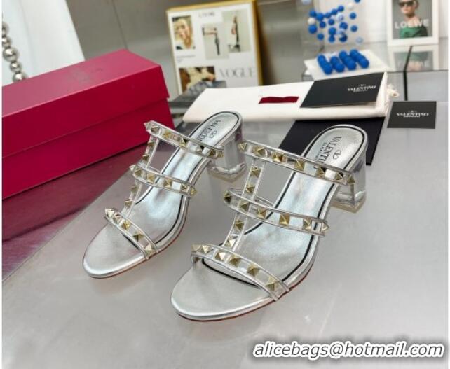 Grade Quality Valentino Rockstud Heel Slide Sandals 6cm in Leather and Clear Silver 0626024