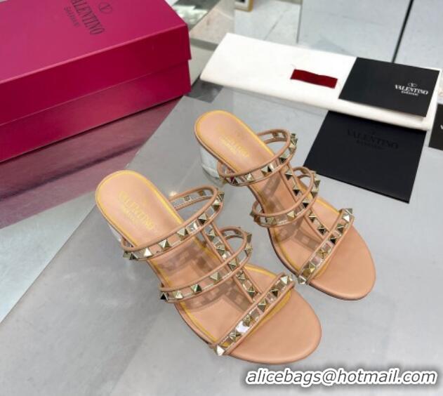 Best Grade Valentino Rockstud Heel Slide Sandals 6cm in Leather and Clear Nude 0626024