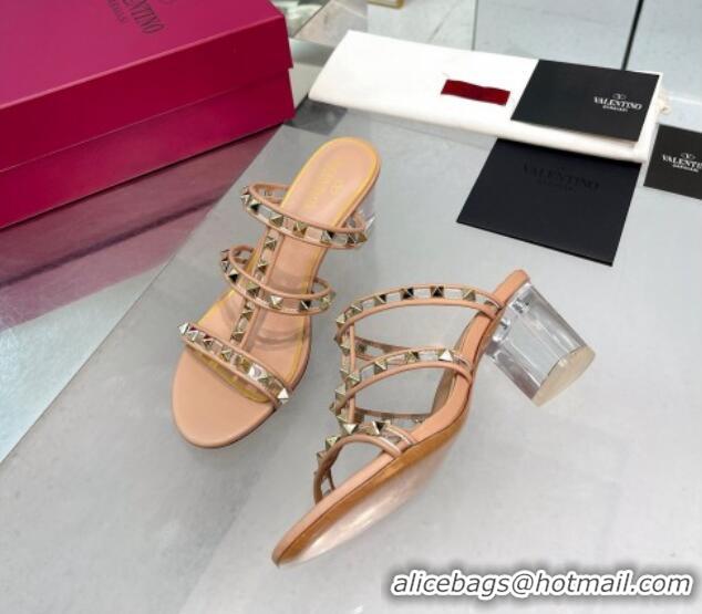 Best Grade Valentino Rockstud Heel Slide Sandals 6cm in Leather and Clear Nude 0626024