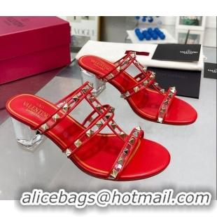 Low Price Valentino Rockstud Heel Slide Sandals 6cm in Leather and Clear Red 626026