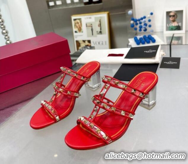 Low Price Valentino Rockstud Heel Slide Sandals 6cm in Leather and Clear Red 626026