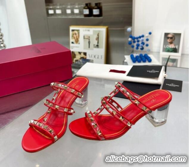 Low Price Valentino Rockstud Heel Slide Sandals 6cm in Leather and Clear Red 626026