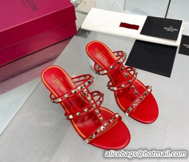 Low Price Valentino Rockstud Heel Slide Sandals 6cm in Leather and Clear Red 626026