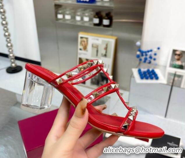 Low Price Valentino Rockstud Heel Slide Sandals 6cm in Leather and Clear Red 626026