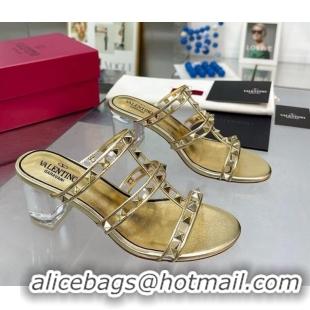 Luxury Discount Valentino Rockstud Heel Slide Sandals 6cm in Leather and Clear Gold 626027