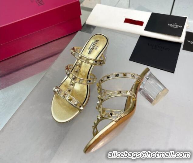 Luxury Discount Valentino Rockstud Heel Slide Sandals 6cm in Leather and Clear Gold 626027