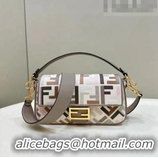 Discount Fendi Medium Baguette Bag in White and Multicolor canvas bag with FF embroidery F4071 2023