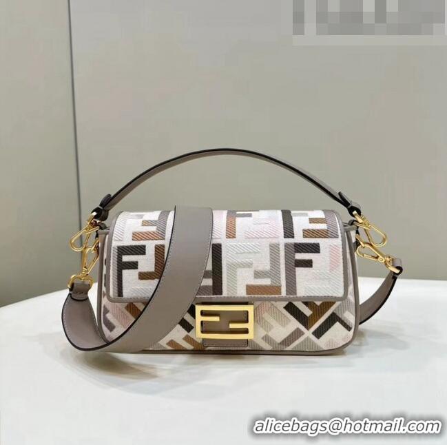 Discount Fendi Medium Baguette Bag in White and Multicolor canvas bag with FF embroidery F4071 2023