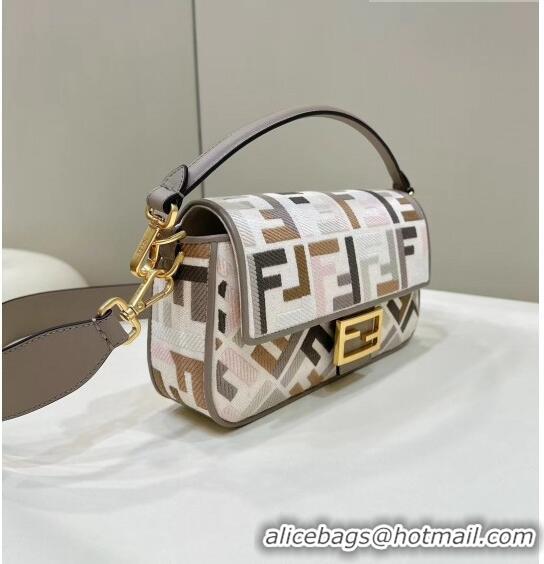 Discount Fendi Medium Baguette Bag in White and Multicolor canvas bag with FF embroidery F4071 2023