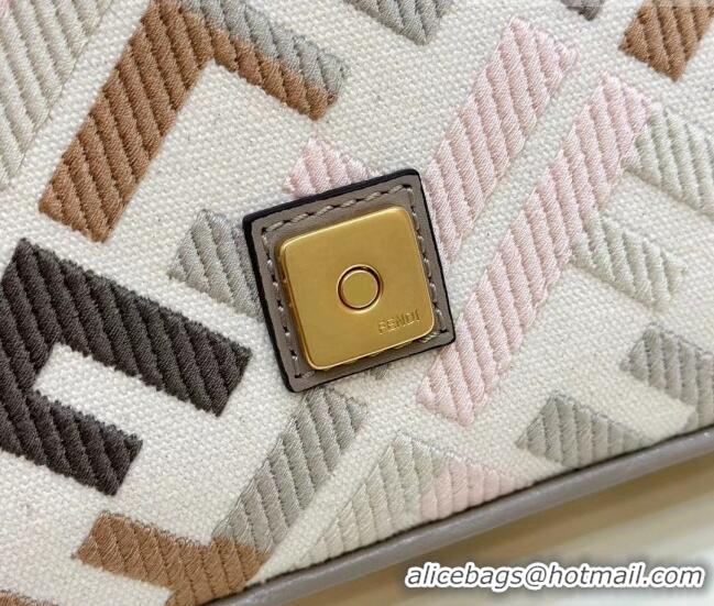 Discount Fendi Medium Baguette Bag in White and Multicolor canvas bag with FF embroidery F4071 2023