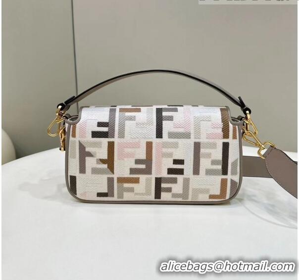 Discount Fendi Medium Baguette Bag in White and Multicolor canvas bag with FF embroidery F4071 2023