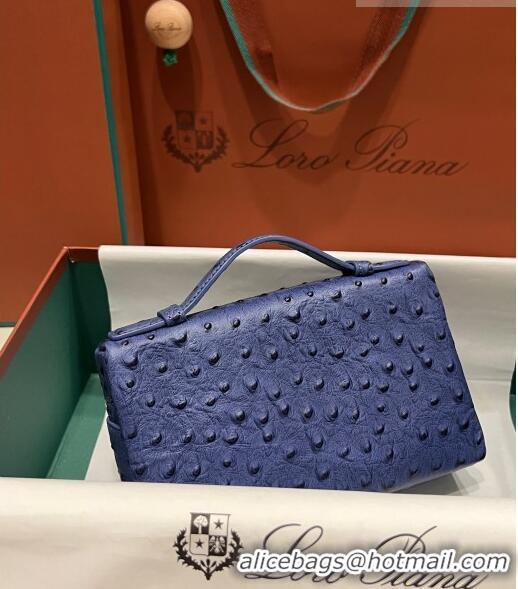 Top Quality Loro Piana Extra Pocket L19 Pouch in Ostrich Pattern Calfskin LP5435 Blue/Gold 2023