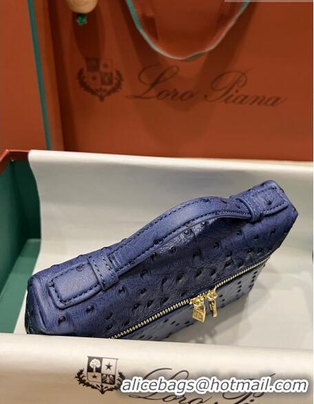 Top Quality Loro Piana Extra Pocket L19 Pouch in Ostrich Pattern Calfskin LP5435 Blue/Gold 2023