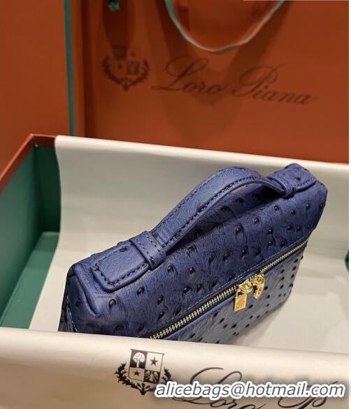 Top Quality Loro Piana Extra Pocket L19 Pouch in Ostrich Pattern Calfskin LP5435 Blue/Gold 2023