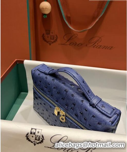 Top Quality Loro Piana Extra Pocket L19 Pouch in Ostrich Pattern Calfskin LP5435 Blue/Gold 2023