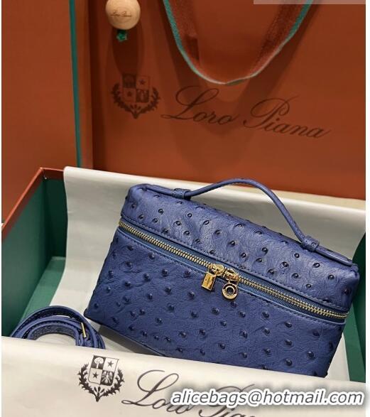 Top Quality Loro Piana Extra Pocket L19 Pouch in Ostrich Pattern Calfskin LP5435 Blue/Gold 2023