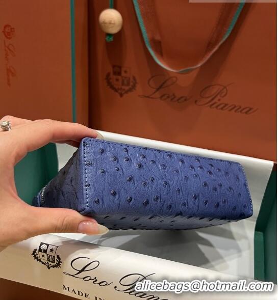 Top Quality Loro Piana Extra Pocket L19 Pouch in Ostrich Pattern Calfskin LP5435 Blue/Gold 2023